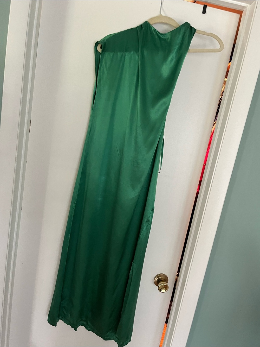Green Satin One-Shoulder Midi  Dress